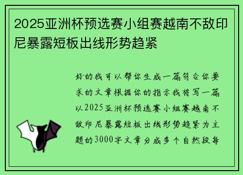 2025亚洲杯预选赛小组赛越南不敌印尼暴露短板出线形势趋紧